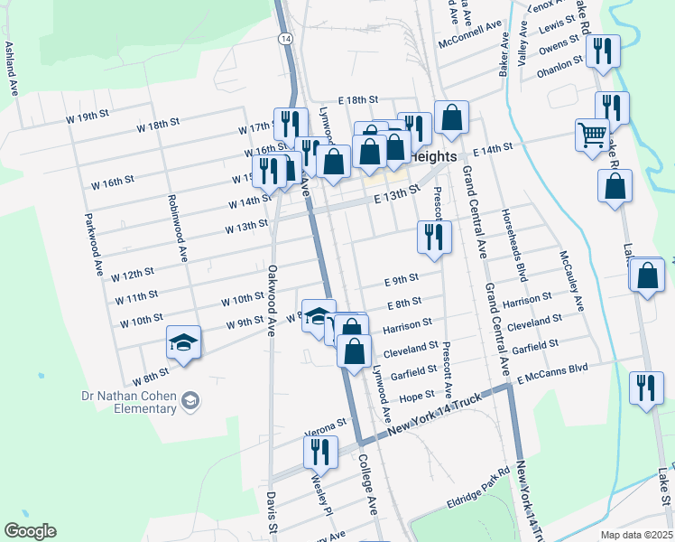 map of restaurants, bars, coffee shops, grocery stores, and more near 223 Lynwood Avenue in Elmira