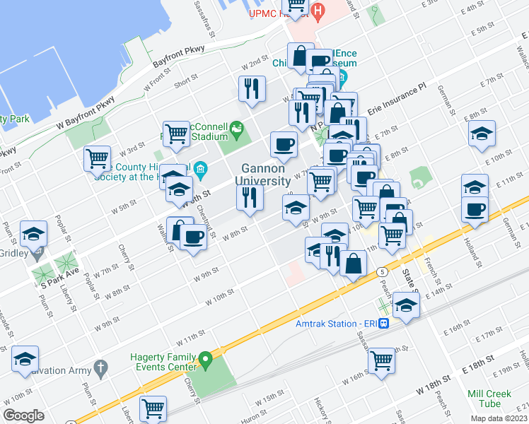 map of restaurants, bars, coffee shops, grocery stores, and more near 248 West 8th Street in Erie