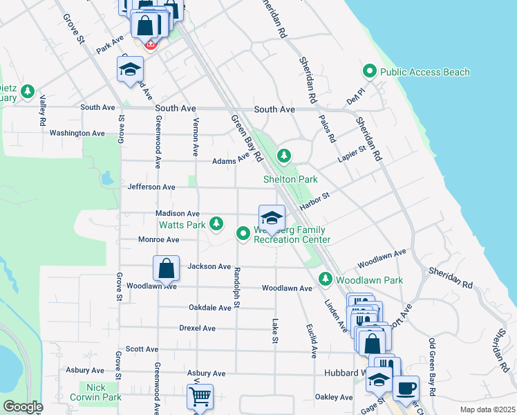 map of restaurants, bars, coffee shops, grocery stores, and more near 353 Madison Avenue in Glencoe