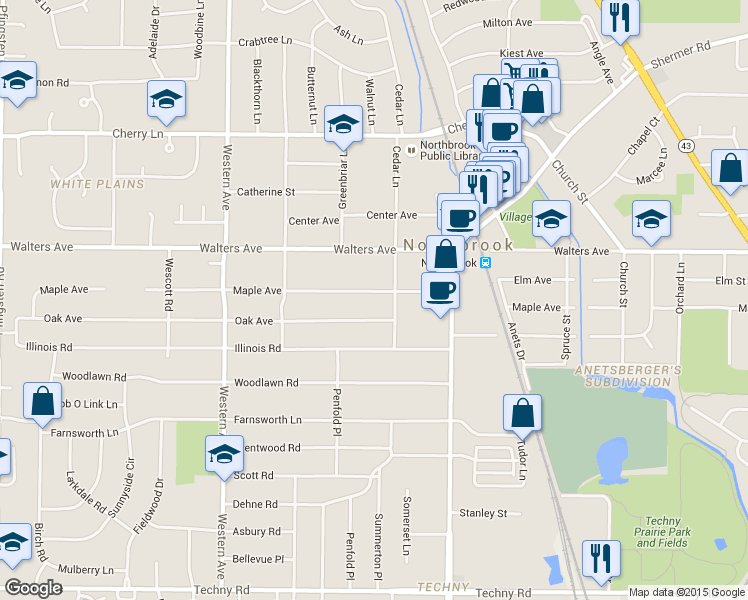 map of restaurants, bars, coffee shops, grocery stores, and more near 2117 Maple Ave in Northbrook