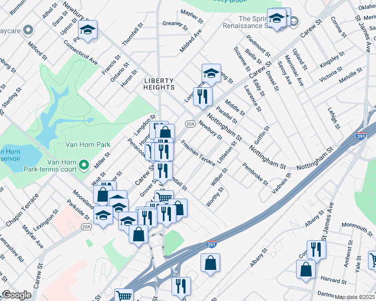 map of restaurants, bars, coffee shops, grocery stores, and more near 32 Freeman Terrace in Springfield