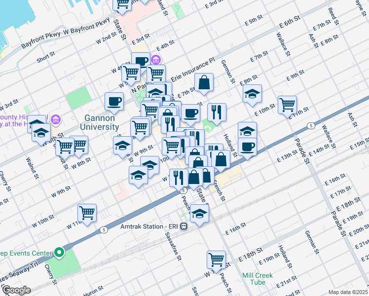 map of restaurants, bars, coffee shops, grocery stores, and more near 12 E 10th St in Erie
