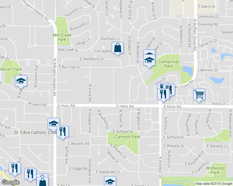 map of restaurants, bars, coffee shops, grocery stores, and more near 2727 North Elm Lane in Arlington Heights