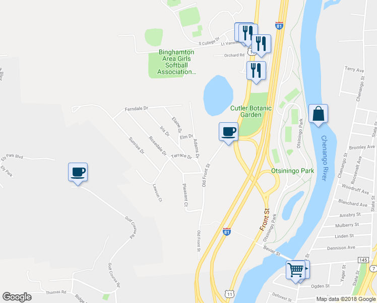 map of restaurants, bars, coffee shops, grocery stores, and more near 36 Terrace Drive in Binghamton