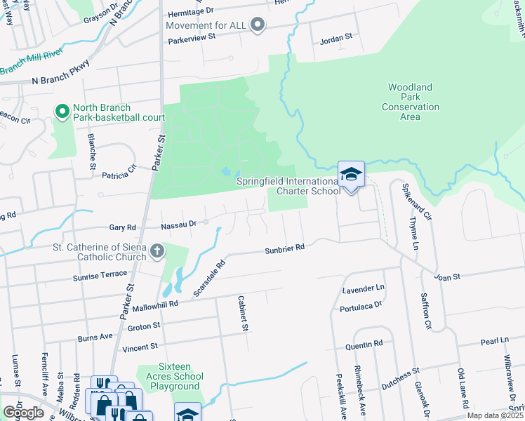 map of restaurants, bars, coffee shops, grocery stores, and more near 659 Nassau Drive in Springfield