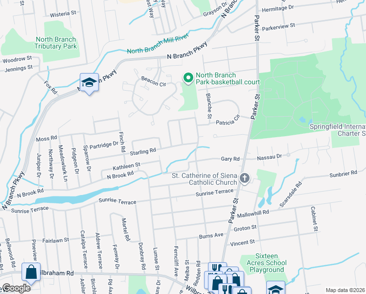 map of restaurants, bars, coffee shops, grocery stores, and more near 6 Wellfleet Drive in Springfield