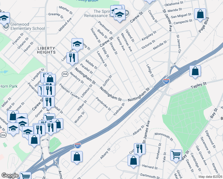 map of restaurants, bars, coffee shops, grocery stores, and more near 174 Middle Street in Springfield