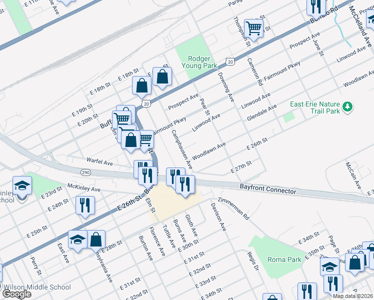 map of restaurants, bars, coffee shops, grocery stores, and more near 1515 Glendale Ave in Erie