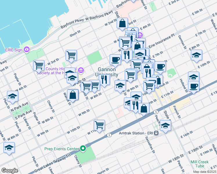 map of restaurants, bars, coffee shops, grocery stores, and more near 248 West 8th Street in Erie