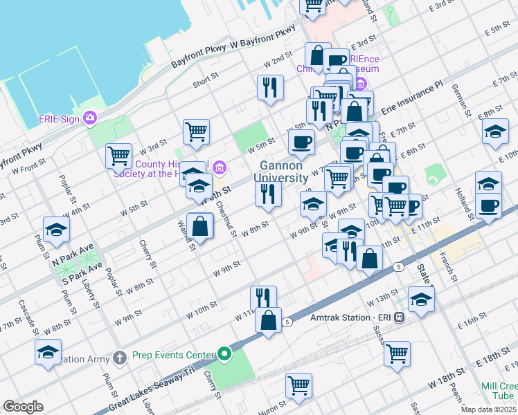 map of restaurants, bars, coffee shops, grocery stores, and more near 309 West 7th Street in Erie