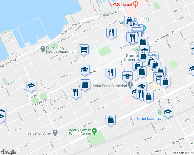 map of restaurants, bars, coffee shops, grocery stores, and more near 340 West 7th Street in Erie
