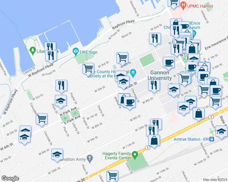 map of restaurants, bars, coffee shops, grocery stores, and more near 446 West 6th Street in Erie