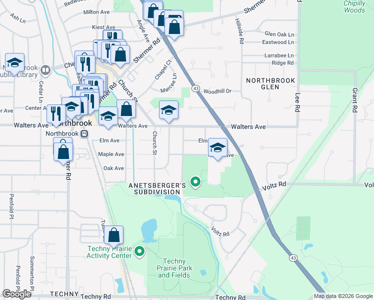 map of restaurants, bars, coffee shops, grocery stores, and more near 1433 Orchard Lane in Northbrook