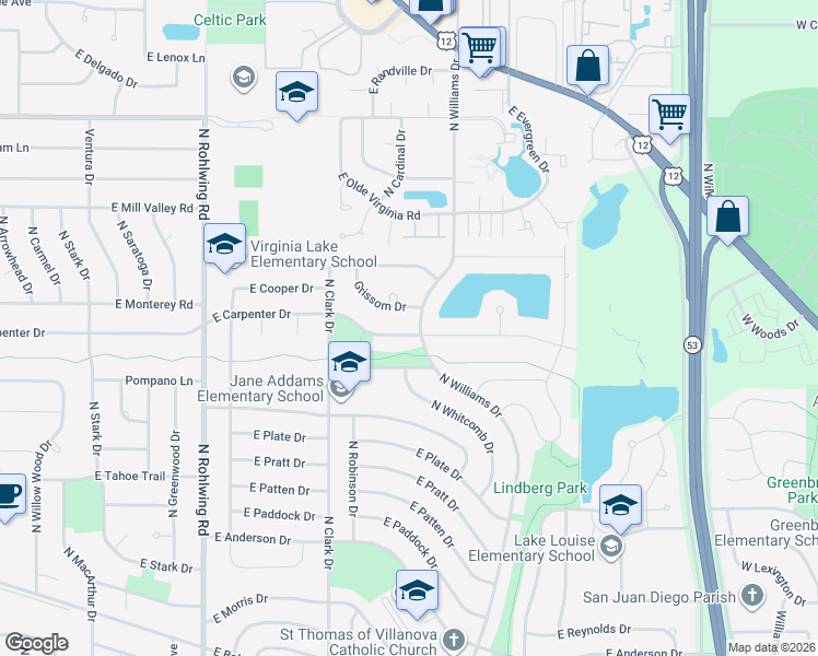 map of restaurants, bars, coffee shops, grocery stores, and more near 840 North Williams Drive in Palatine