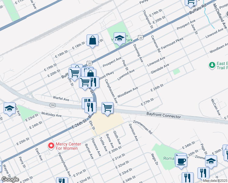 map of restaurants, bars, coffee shops, grocery stores, and more near 1515 Glendale Ave in Erie