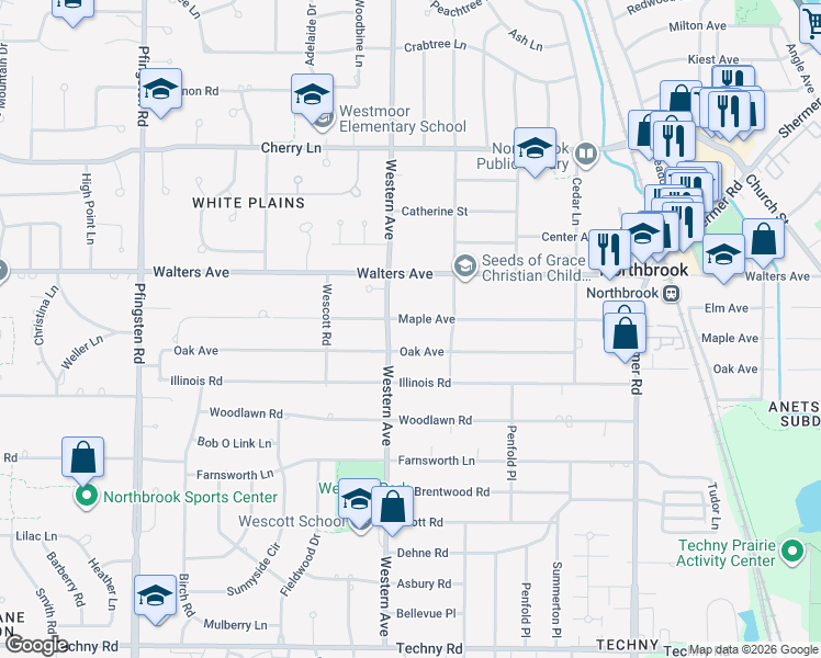 map of restaurants, bars, coffee shops, grocery stores, and more near 2349 Maple Avenue in Northbrook
