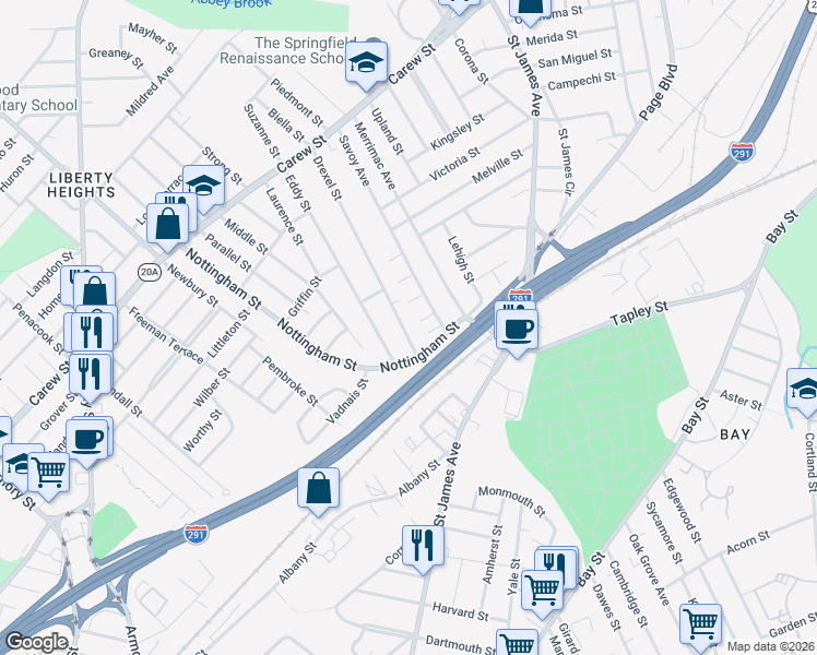 map of restaurants, bars, coffee shops, grocery stores, and more near 20 Cabot Place in Springfield
