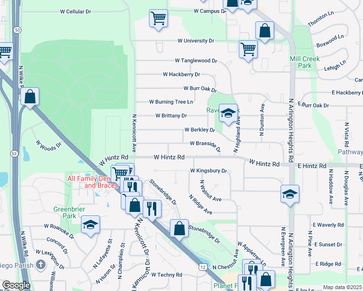 map of restaurants, bars, coffee shops, grocery stores, and more near 601 West Braeside Drive in Arlington Heights