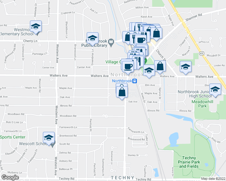 map of restaurants, bars, coffee shops, grocery stores, and more near 2039 Maple Avenue in Northbrook