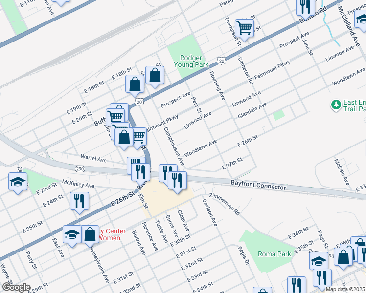 map of restaurants, bars, coffee shops, grocery stores, and more near 1515 Glendale Avenue in Erie