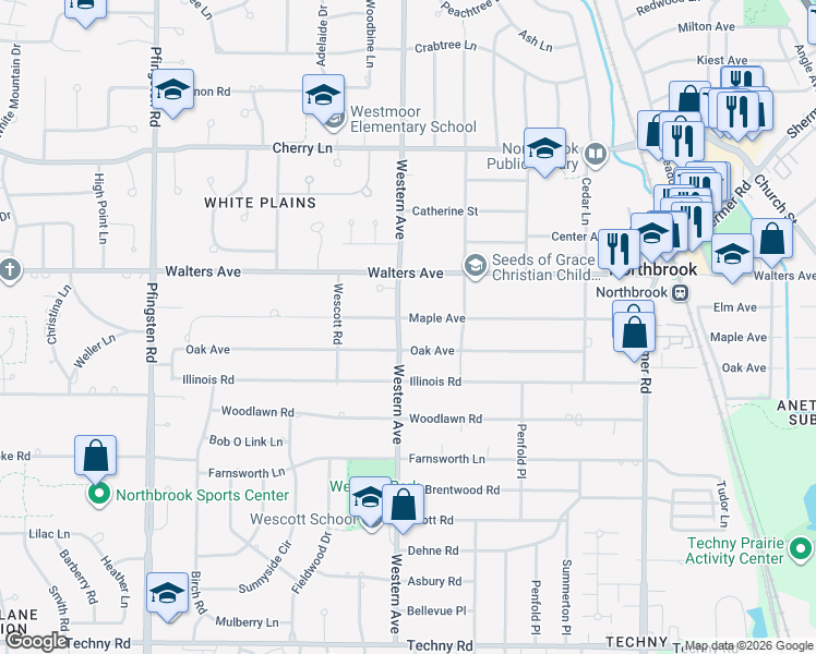 map of restaurants, bars, coffee shops, grocery stores, and more near 2349 Maple Avenue in Northbrook