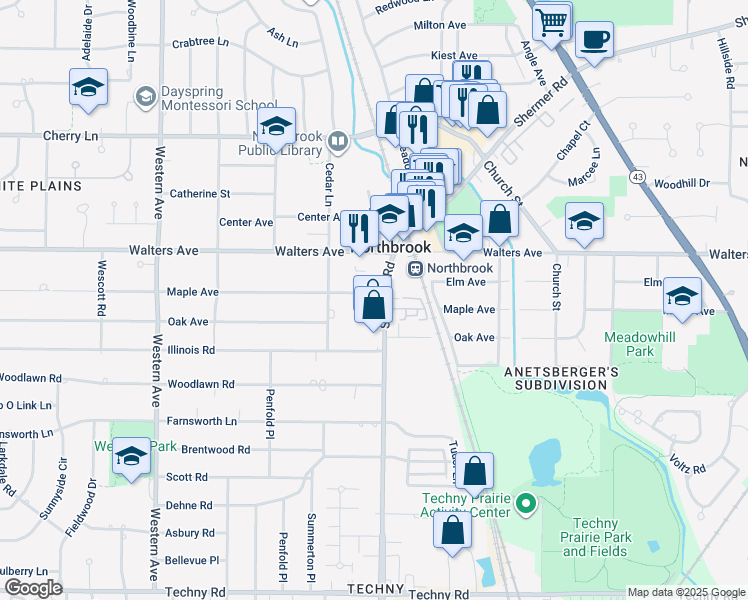 map of restaurants, bars, coffee shops, grocery stores, and more near 1442 Shermer Road in Northbrook