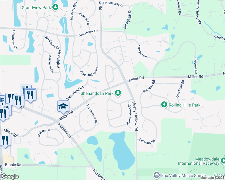 map of restaurants, bars, coffee shops, grocery stores, and more near 3086 Shenandoah Drive in Carpentersville