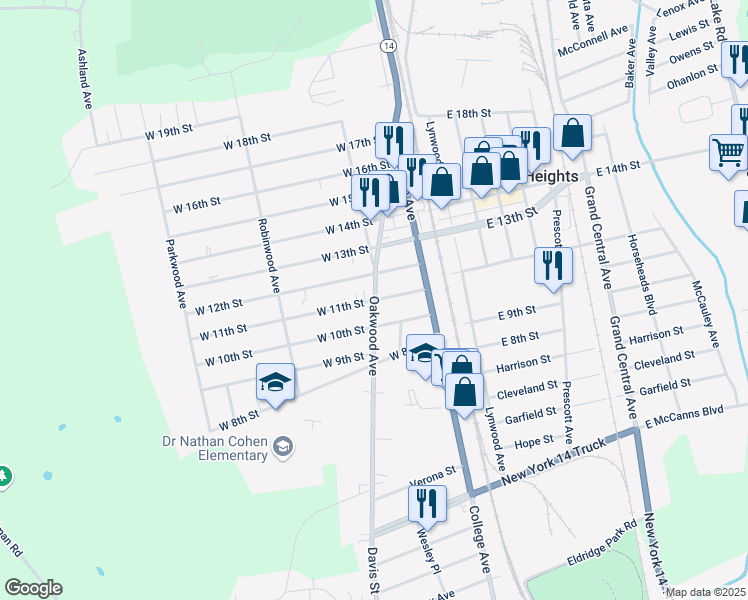 map of restaurants, bars, coffee shops, grocery stores, and more near Oakwood Avenue & West 11th Street in Elmira Heights
