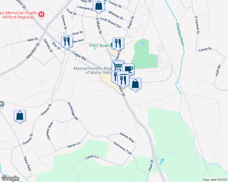 map of restaurants, bars, coffee shops, grocery stores, and more near 47 Courtland Street in Milford