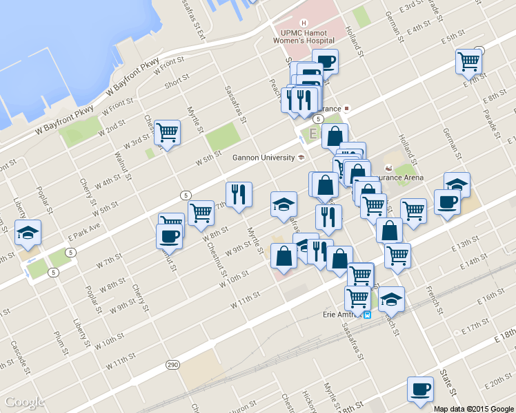 map of restaurants, bars, coffee shops, grocery stores, and more near 248 West 8th Street in Erie