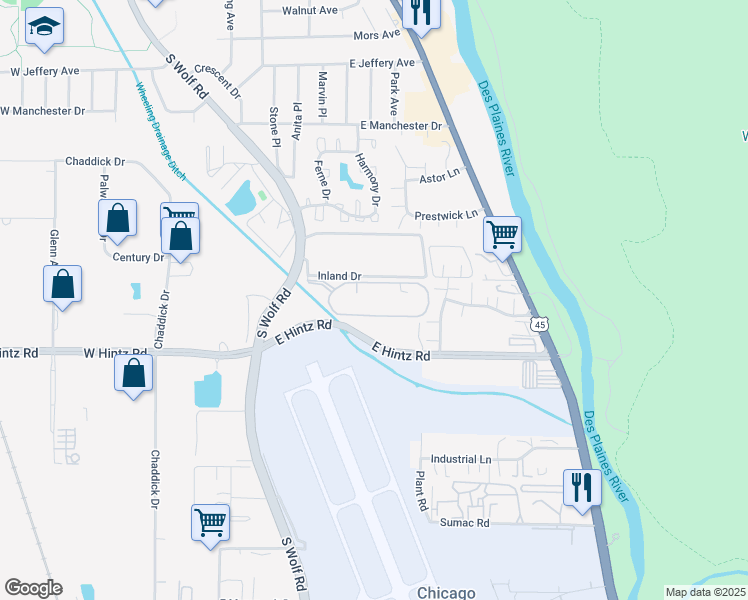 map of restaurants, bars, coffee shops, grocery stores, and more near 350 Plum Creek Drive in Wheeling