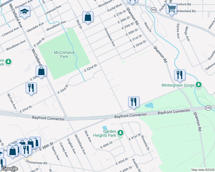 map of restaurants, bars, coffee shops, grocery stores, and more near 3514 Bird Dr in Erie