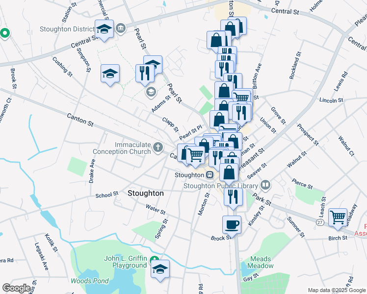 map of restaurants, bars, coffee shops, grocery stores, and more near 122 School Street in Stoughton