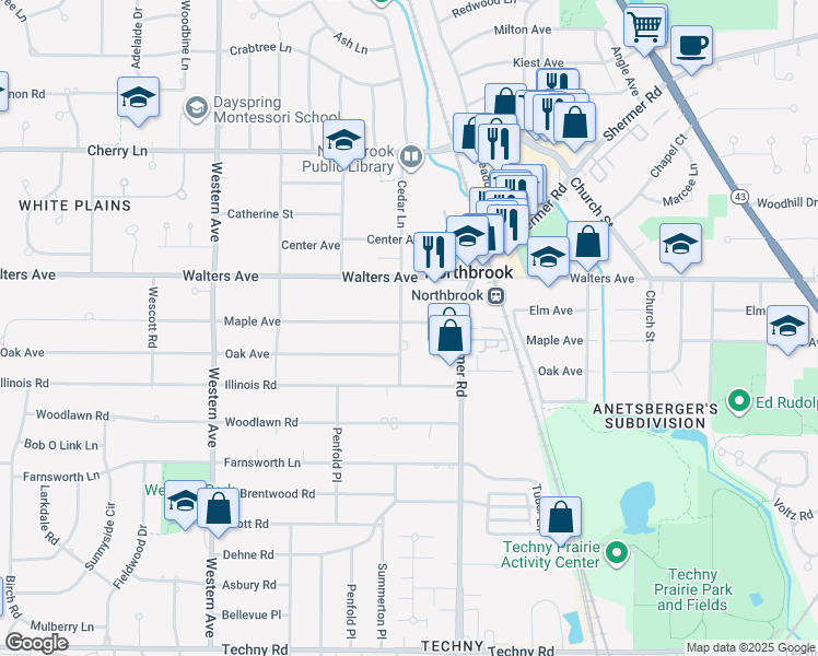 map of restaurants, bars, coffee shops, grocery stores, and more near 2039 Maple Avenue in Northbrook