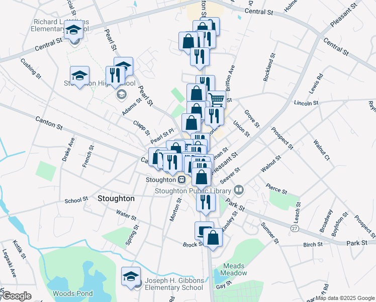 map of restaurants, bars, coffee shops, grocery stores, and more near 22 Pearl Street in Stoughton
