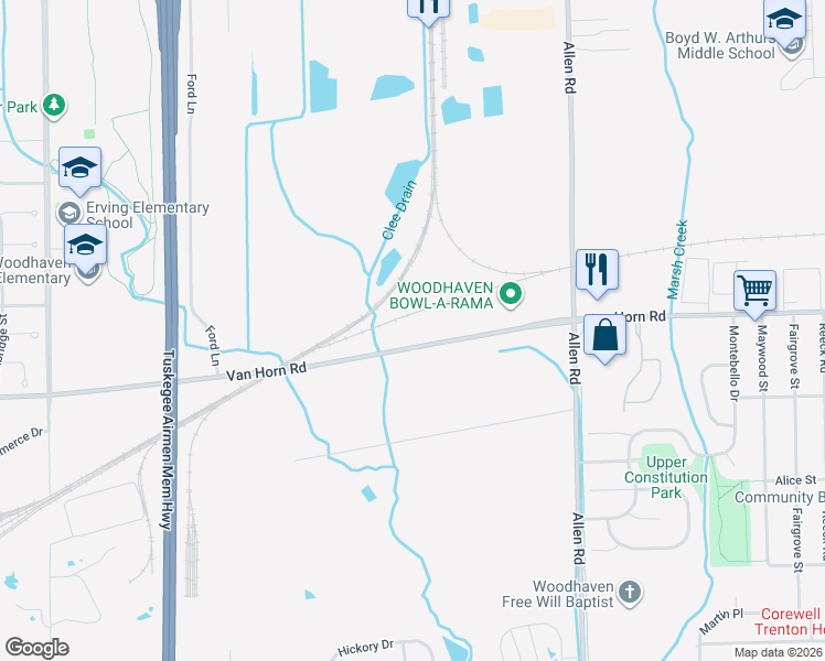 map of restaurants, bars, coffee shops, grocery stores, and more near 20444 Van Horn Road in Trenton