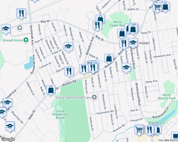 map of restaurants, bars, coffee shops, grocery stores, and more near 23 Preston Street in Springfield