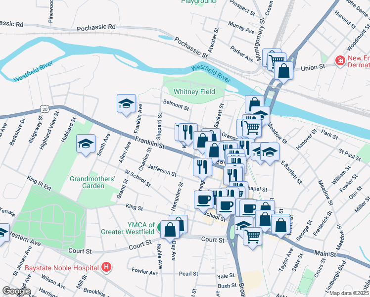map of restaurants, bars, coffee shops, grocery stores, and more near 71 Franklin Street in Westfield
