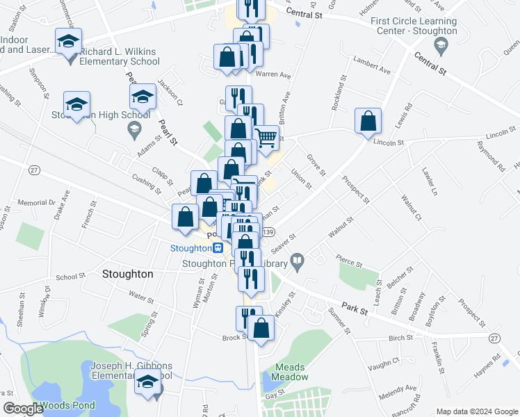 map of restaurants, bars, coffee shops, grocery stores, and more near 91 Porter Street in Stoughton
