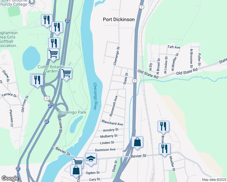 map of restaurants, bars, coffee shops, grocery stores, and more near 4 Bromley Avenue in Binghamton