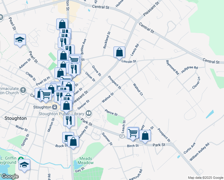 map of restaurants, bars, coffee shops, grocery stores, and more near 60 Chestnut Street in Stoughton