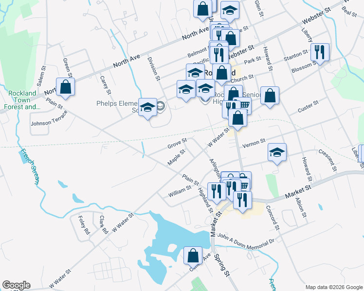 map of restaurants, bars, coffee shops, grocery stores, and more near 40 Monroe Street in Rockland