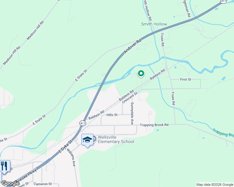 map of restaurants, bars, coffee shops, grocery stores, and more near 3456A Baldwin Road in Wellsville