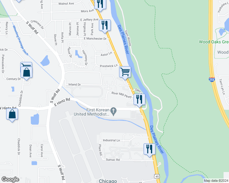 map of restaurants, bars, coffee shops, grocery stores, and more near 660 Mill Circle in Wheeling