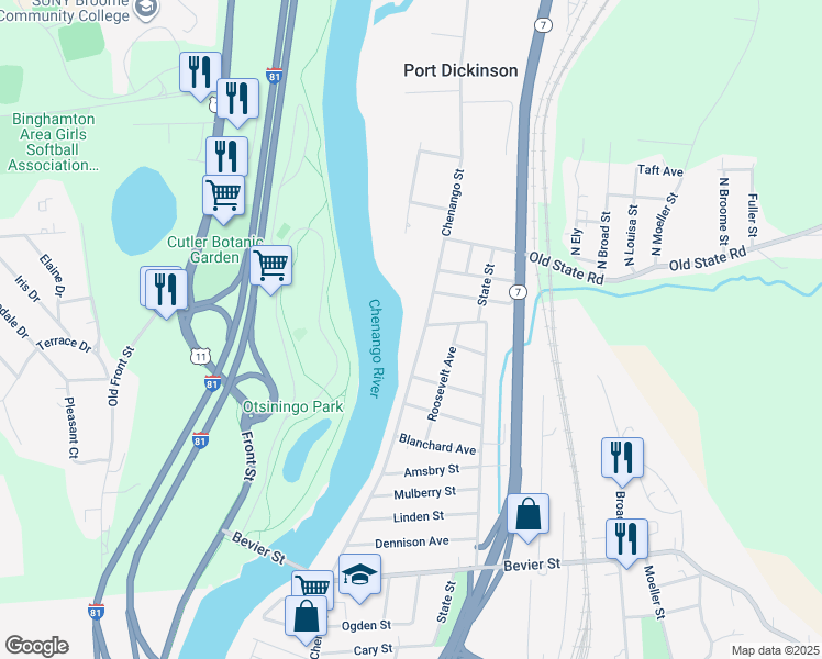 map of restaurants, bars, coffee shops, grocery stores, and more near 6331/2 Chenango Street in Binghamton
