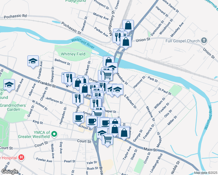 map of restaurants, bars, coffee shops, grocery stores, and more near 14 Bartlett Street in Westfield