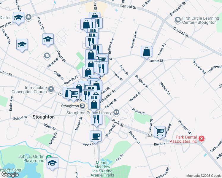 map of restaurants, bars, coffee shops, grocery stores, and more near 66 Freeman Street in Stoughton