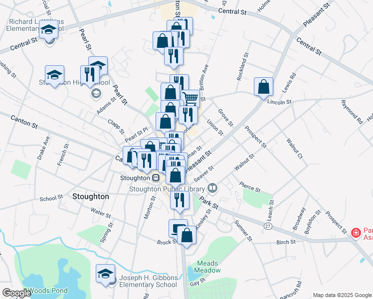 map of restaurants, bars, coffee shops, grocery stores, and more near 76 Porter Street in Stoughton