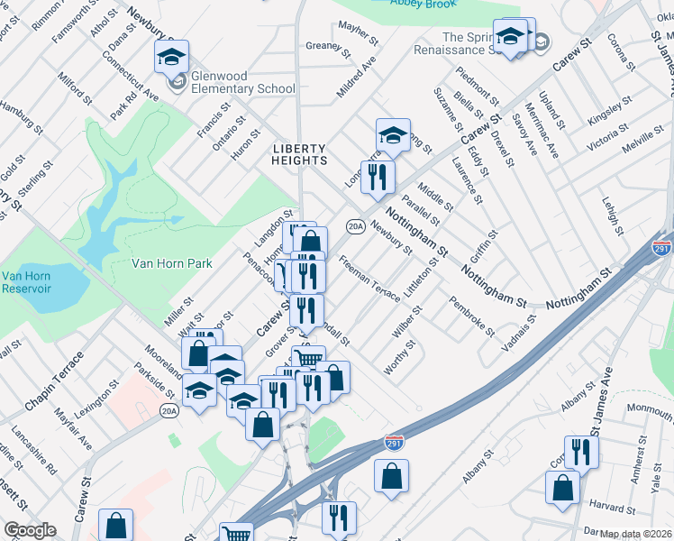 map of restaurants, bars, coffee shops, grocery stores, and more near 807 Carew Street in Springfield