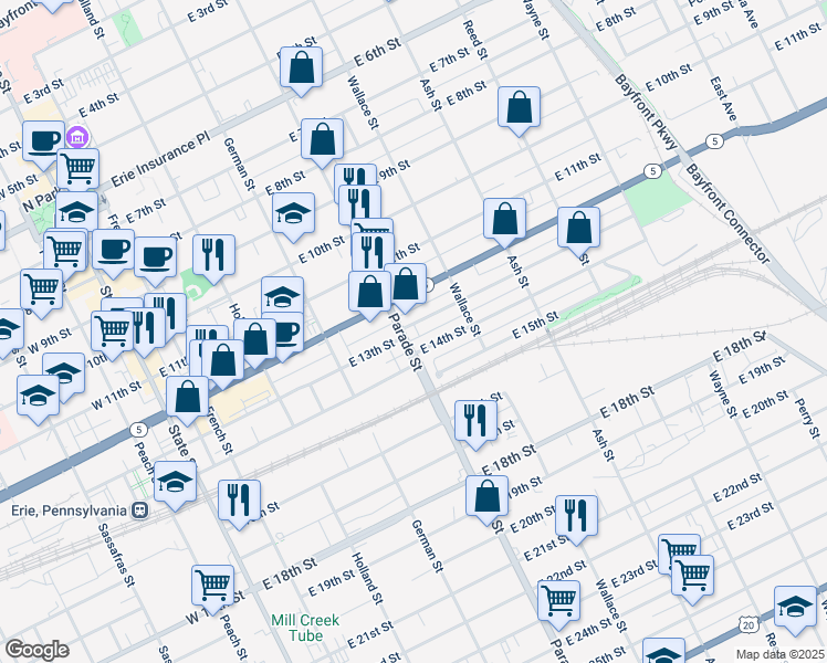 map of restaurants, bars, coffee shops, grocery stores, and more near 409 East 13th Street in Erie